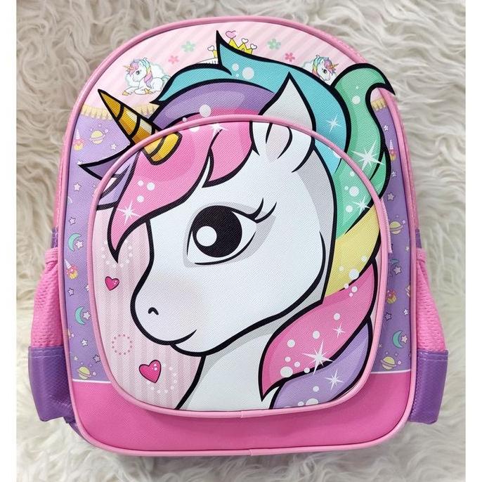 Ransel sekolah TK Unicorn Kepala Tas Anak Backpack school Premium - Rainbow Unicorn
