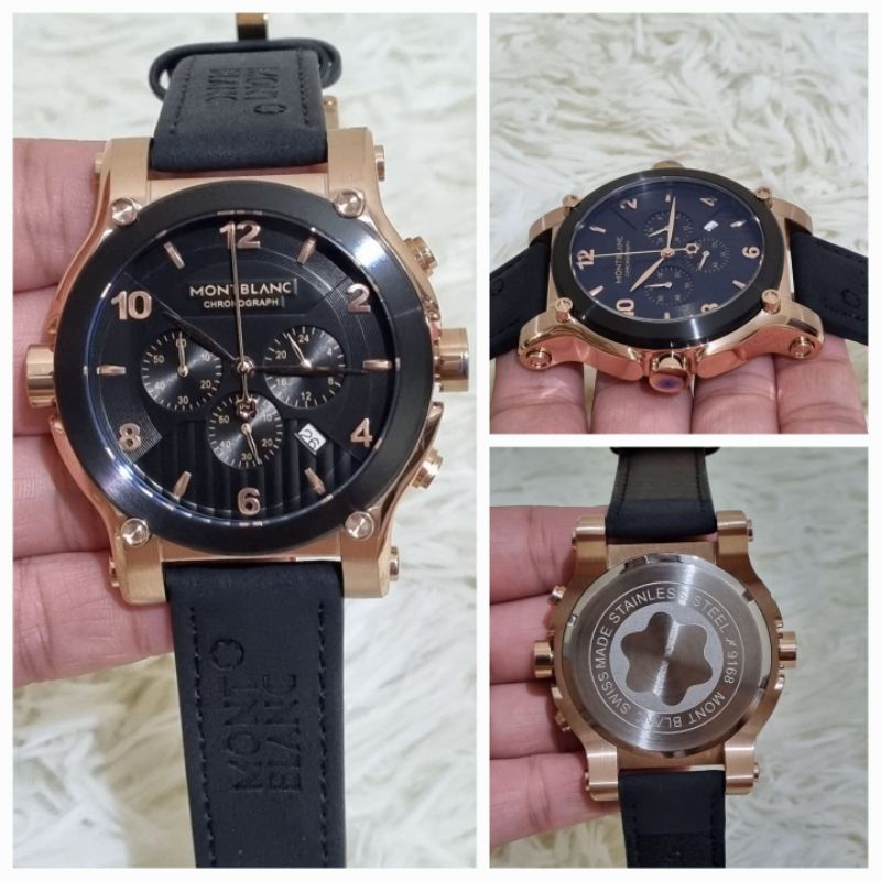 Jam tangan pria montblanc leather chronograph japan quartz premium grade diameter 45mm