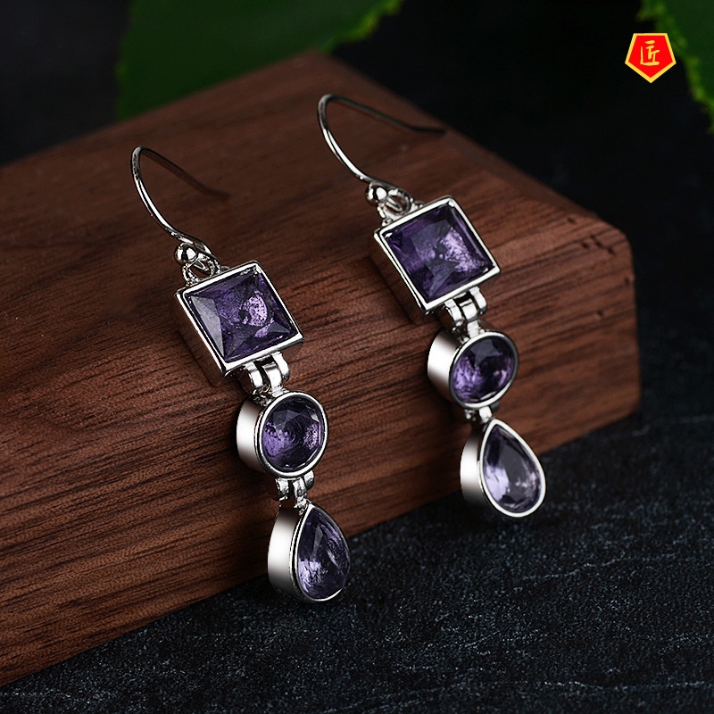 [Ready Stock]Charming Lavender Amethyst Rhinestone Earrings Retro Personality