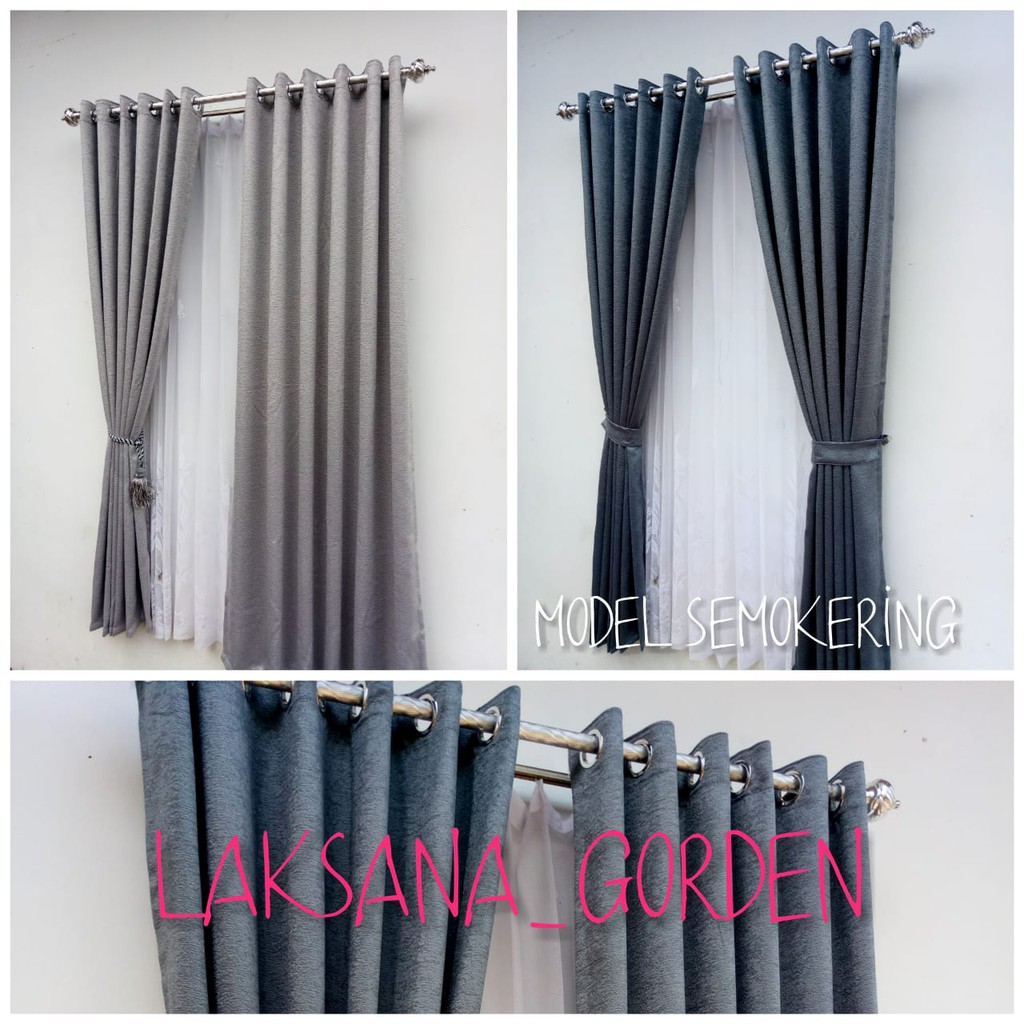 GORDEN BLACKOUT POLOS RUANG TAMU MODEL SMOKRING PANJANG 2 METER LEBAR 140CM WARNA ABU TUA