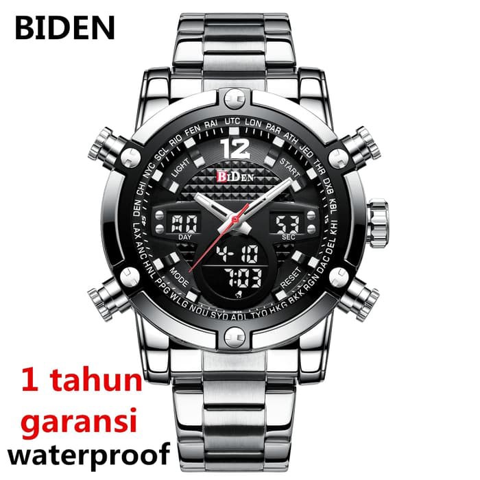 Jam Tangan Pria BIDEN YN0112 Dual Time Sport Business Rantai Stainless Silver ORIGINAL ANTI AIR