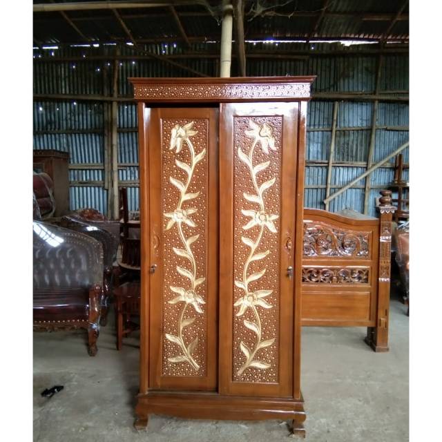 Lemari pakaian 2 pintu meteor bunga jati jepara Grade A pintu sliding knockdown
