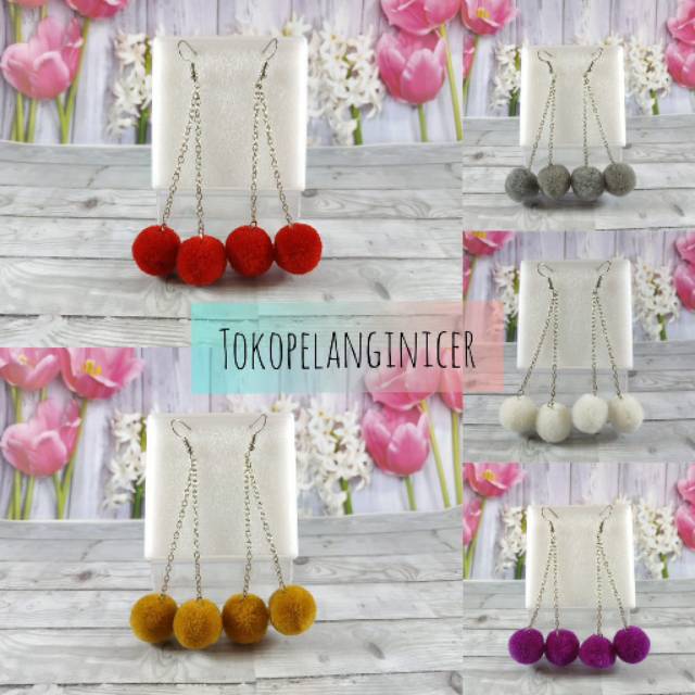 Anting Juntai Fashion Pompom Cherry /Anting Hijab atau Giwang - KERABU JUNTAI By Tokopelanginicer