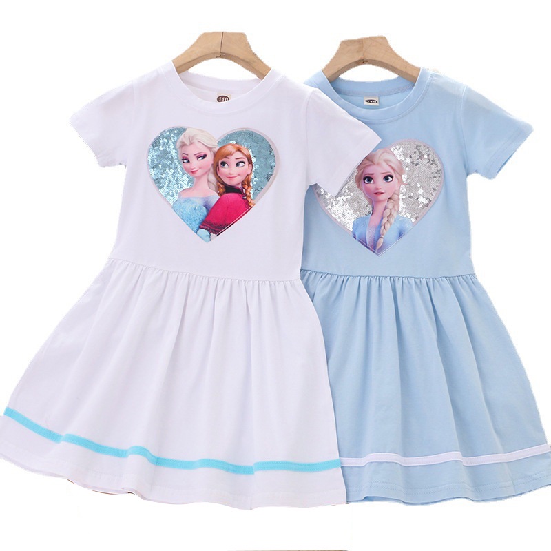 Dress Frozen Anak Perempuan Disney Elsa Anna Lengan Pendek Katun Motif Kartun Karakter Import