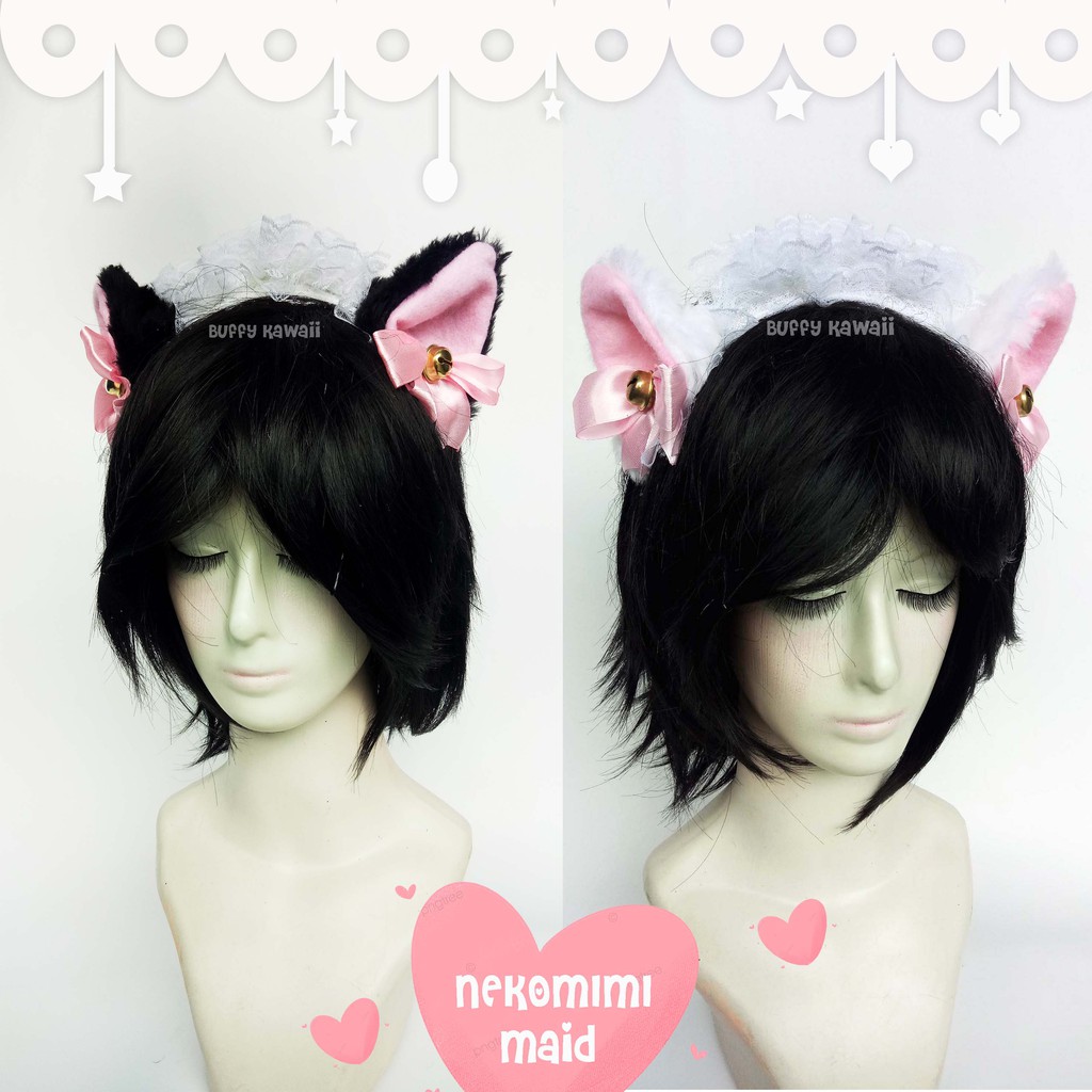 Bando neko maid renda pita lonceng cat ear lace bell buffy kawaii nekomimi fashion halloween cosplay