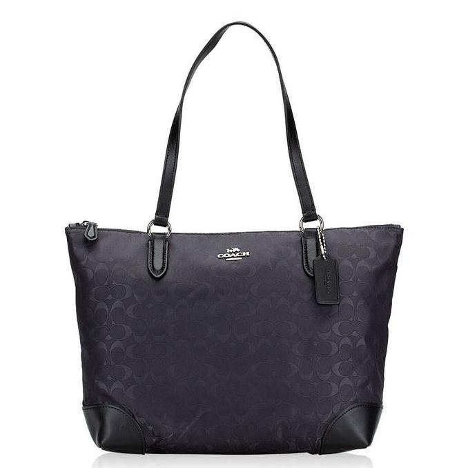 TAS KERJA WANITA COACH SIGNATURE NYLON ZIP TOTE BAG BLACK AUTHENTIC HEMAT
