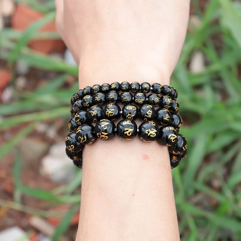 Gelang Batu Tibet Mantra Bulat Hitam Gelang Feng Shui