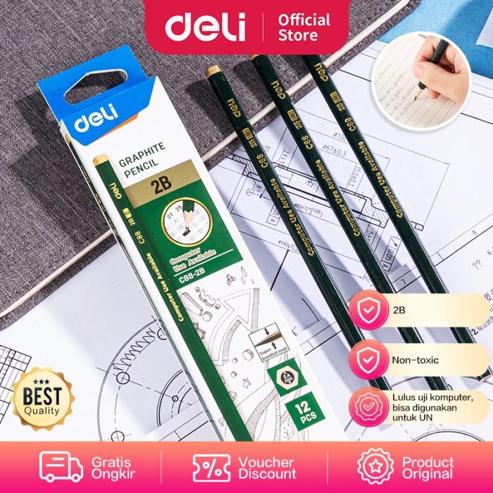 

Terlaris Deli Graphite Pencil / Pensil Kayu 2B Isi 12pcs Kualitas Bagus EC88
