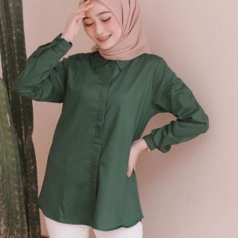Atasan Kemeja Wanita Polos Casual Hitam Putih Wanita Lengan Panjang Bahan Moscrepe-Hijau botol