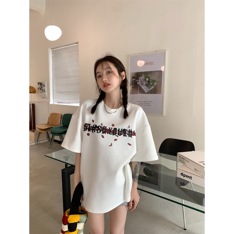 XIAOZHAINV Kaos Atasan Wanita Letter Pattern Lengan Pendek Hitam 0017