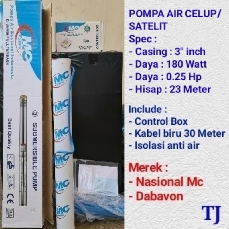 pompa air celup/satelit/submersible 3 inch 180 watt kabel 30 meter-nasional/dabavon/shimizu