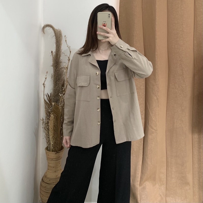 Misty Long Shirt - PLENARIO ID | Kemeja wanita - Oversize - Bahan linen - atasan wanita - shirt kemeja - COD-Latte