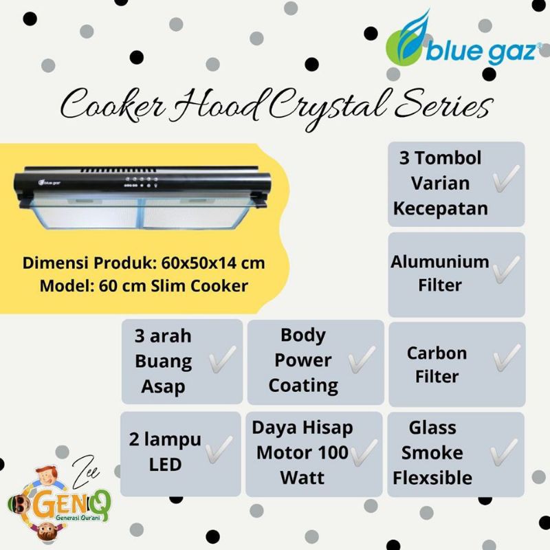 cooker hood crystal blue gas panjang 60 cm