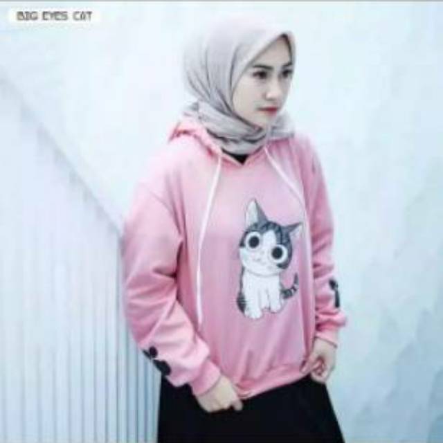 Sweater Hoodie Kucing Kaos Wanita Roundhand Cewek Imut Big Eyes Cat 3