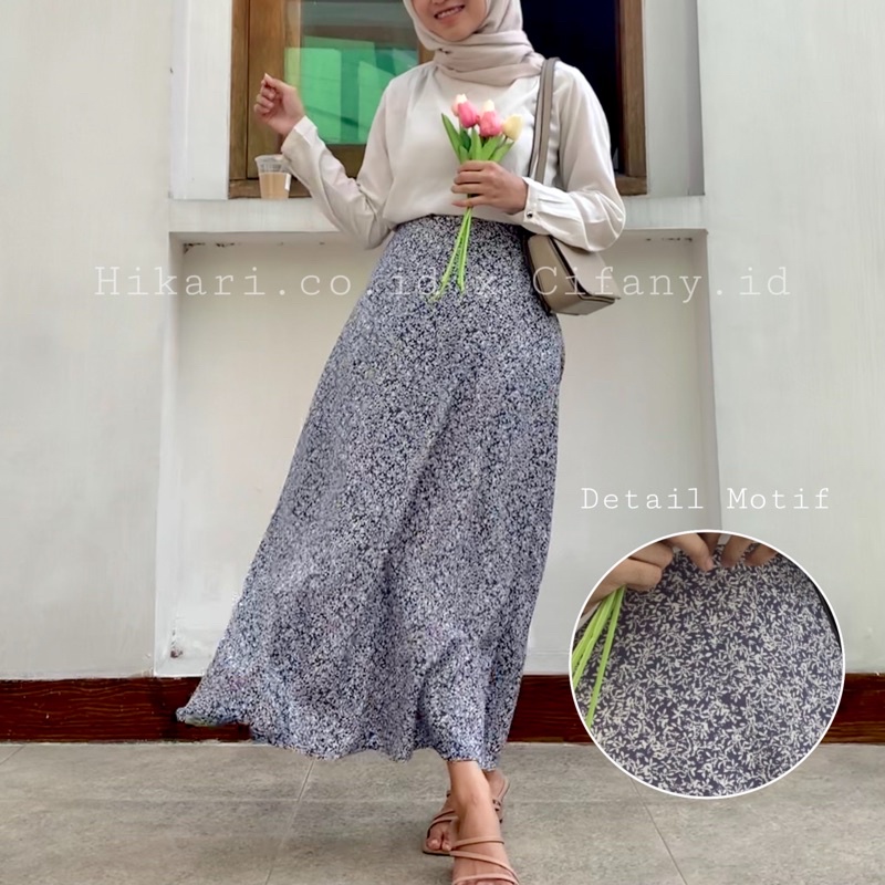 FLORAL SKIRT ADA SAKU / ROK MOTIF BUNGA/ ROK A LINE KOREAN STYLE / Long Skirt / vintage skirt-Biru tua + Furing