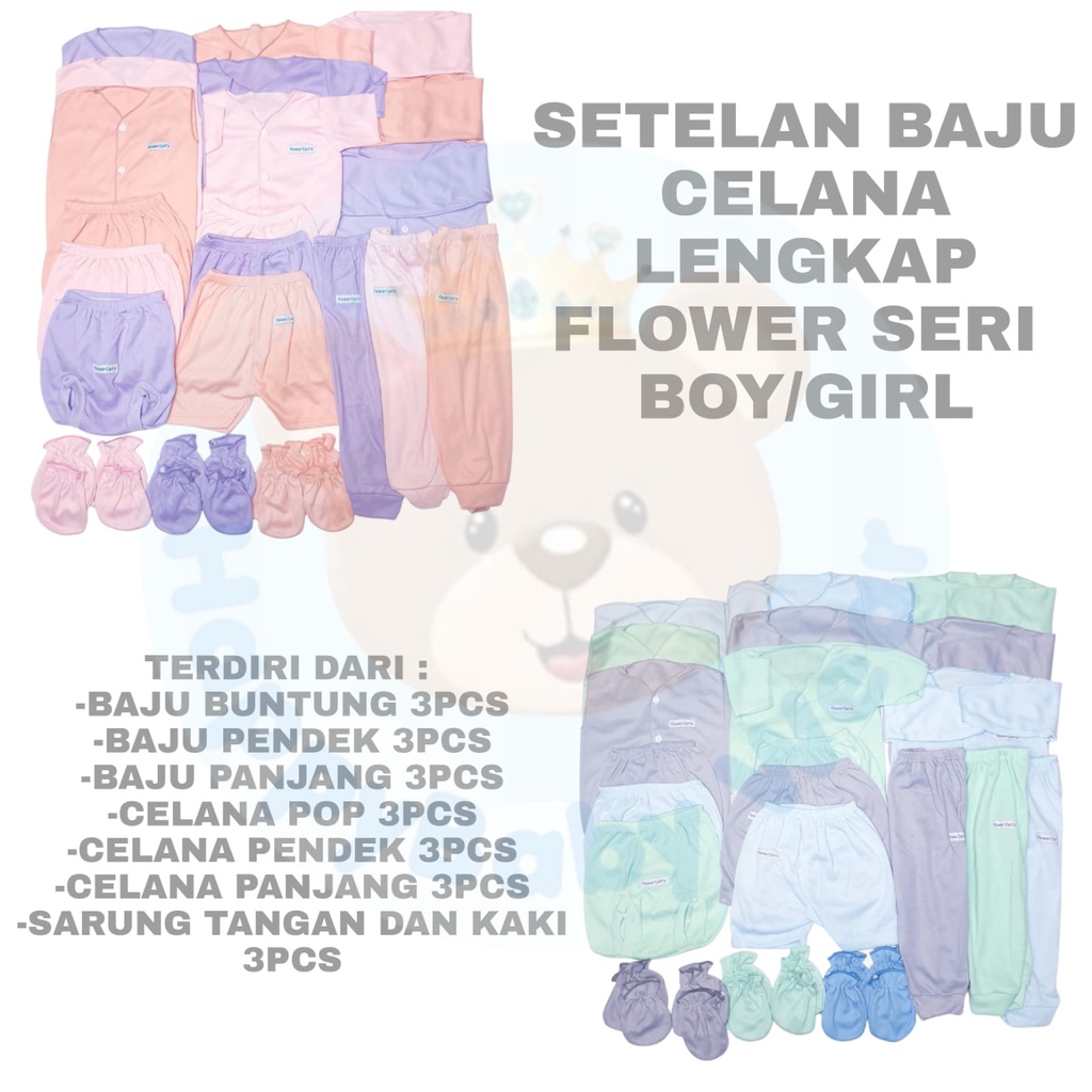 PAKET LENGKAP FLOWER POLOS WARNA  size NEWBORN/3-6 Bulan LENGKAP