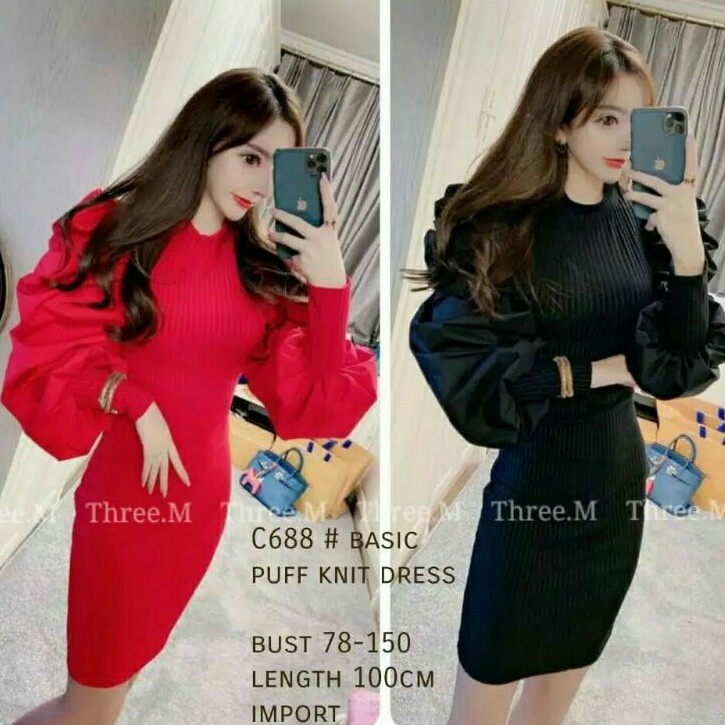 Catherine Baju dress pendek puff bodycon rajut lengan balon cewek import baju dress rajut cewek