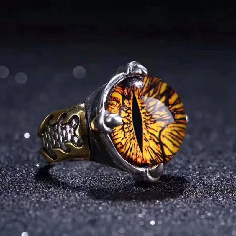 Cincin Model Terbuka Desain Mata Iblis Bahan Resin Warna Kuning Gaya Vintage Punk Gothic Untuk Pria