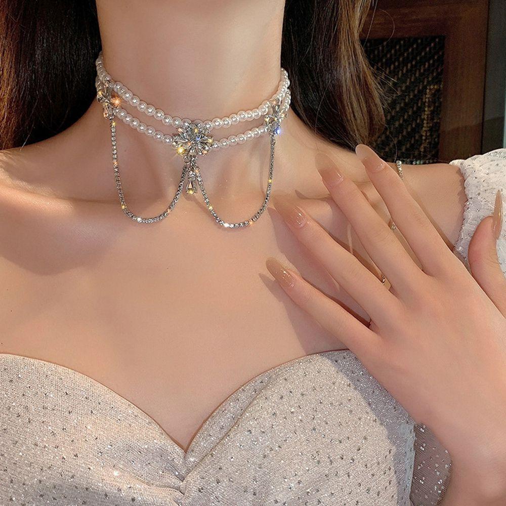 Agustina Perempuan Multi-layer Kalung Retro Vintage Rantai Mesh Berlian Imitasi Peri Mutiara Kalung