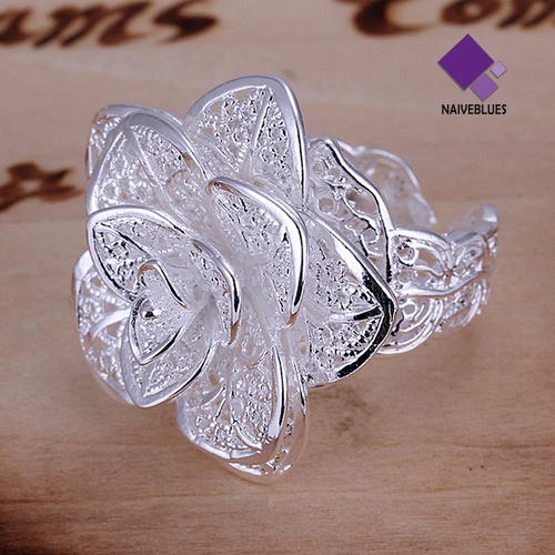 Cincin Model Terbuka Bentuk Bunga Lapis Silver Untuk Wanita