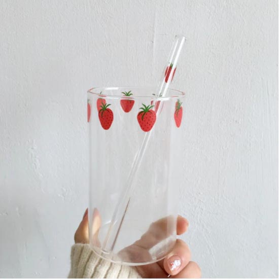 Gelas Jus Susu Motif Strawberry Borosilicate Glass dengan Sedotan 300ml - SR753 - Transparent