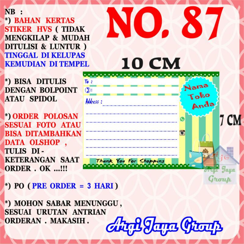 

Stiker HVS - Stiker Pengiriman - Sticker Alamat Olshop Murah Nomer 87 - 10x7cm