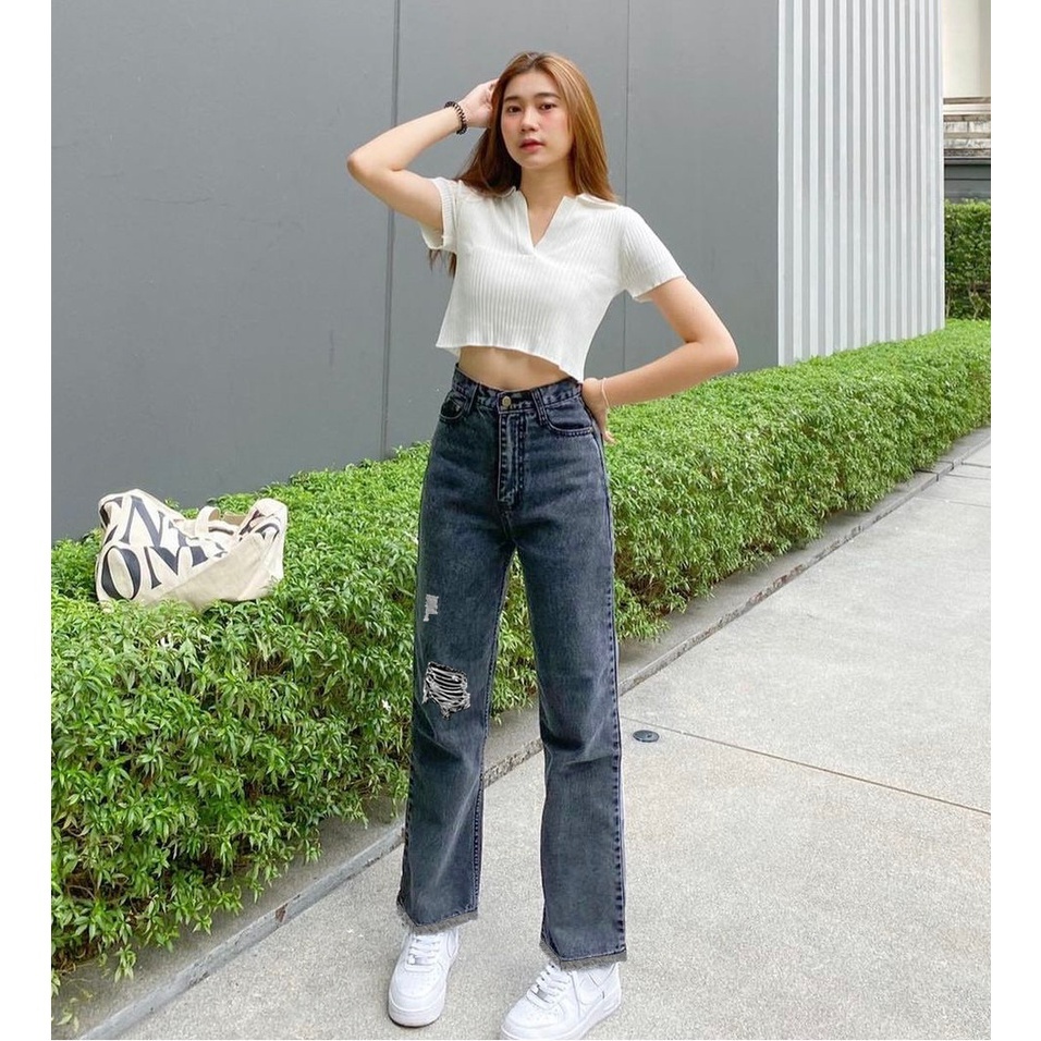 HOPYLOVY Celana Loose Jeans Wanita Boyfriend High Waist Jeans Sobek Furing Rawis Danira