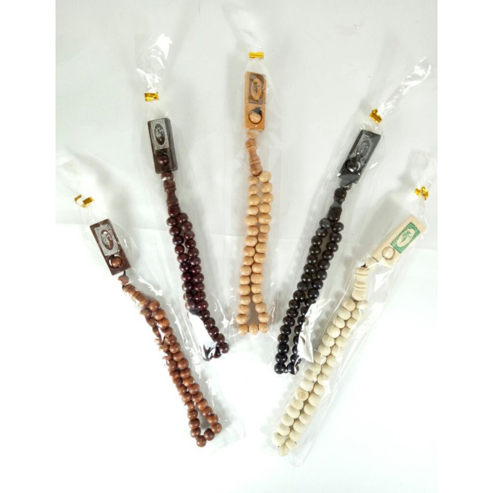 Tasbih Kayu 33 untuk oleh oleh umroh + plastik + tali emas