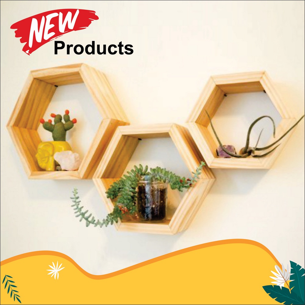 RAK DINDING MINIMALIS HEXAGONAL SEGI ENAM KAYU 1SET 3PCS MURAH RAK BUNGA