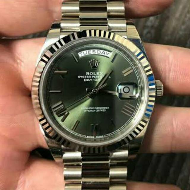 white gold day date green dial