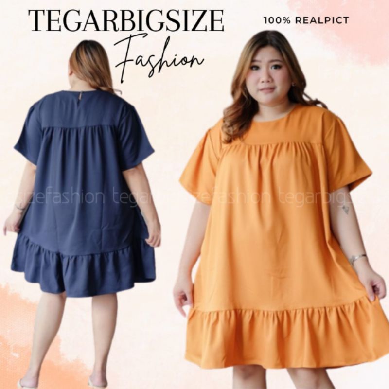 DRESS FINA Dres Super Jumbo Wanita LD140 Bigsize Lengan Pendek Midi Dress Polos