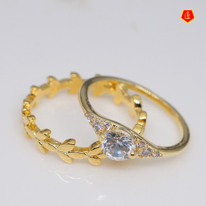 [Ready Stock]18K Golden Leaves Diamond Ring Set Fashionable and Elegant