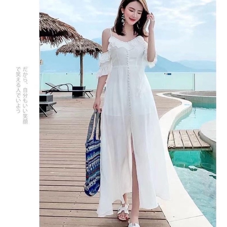 dress putih sabrina  dengan tali di pundak berlengan CODE TG-984
