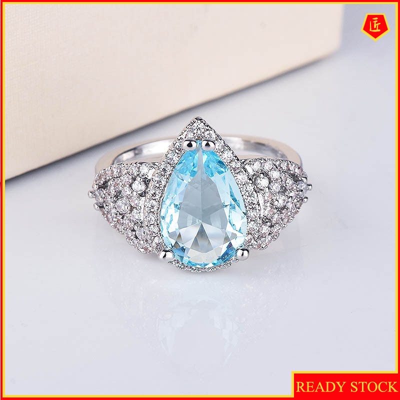 [Ready Stock]Micro-Inlaid Diamond Blue Gem Ring