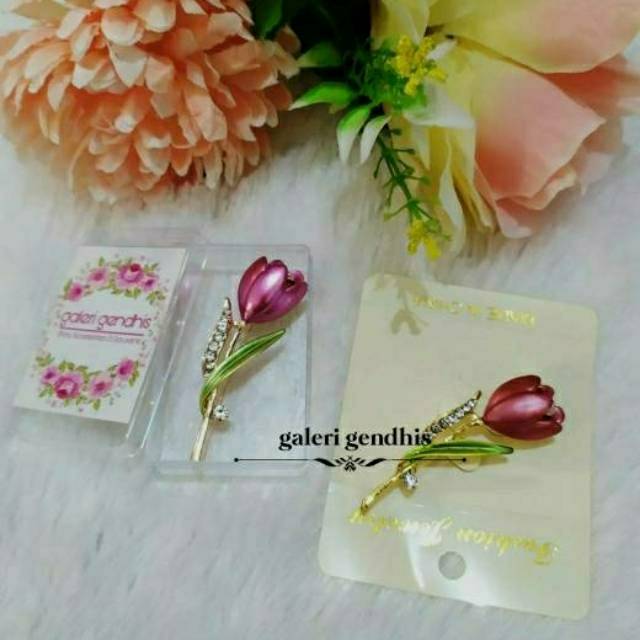 Bros Bunga  Tulip  Hias Kristal  Imitasi Brooch Pin Enamel 