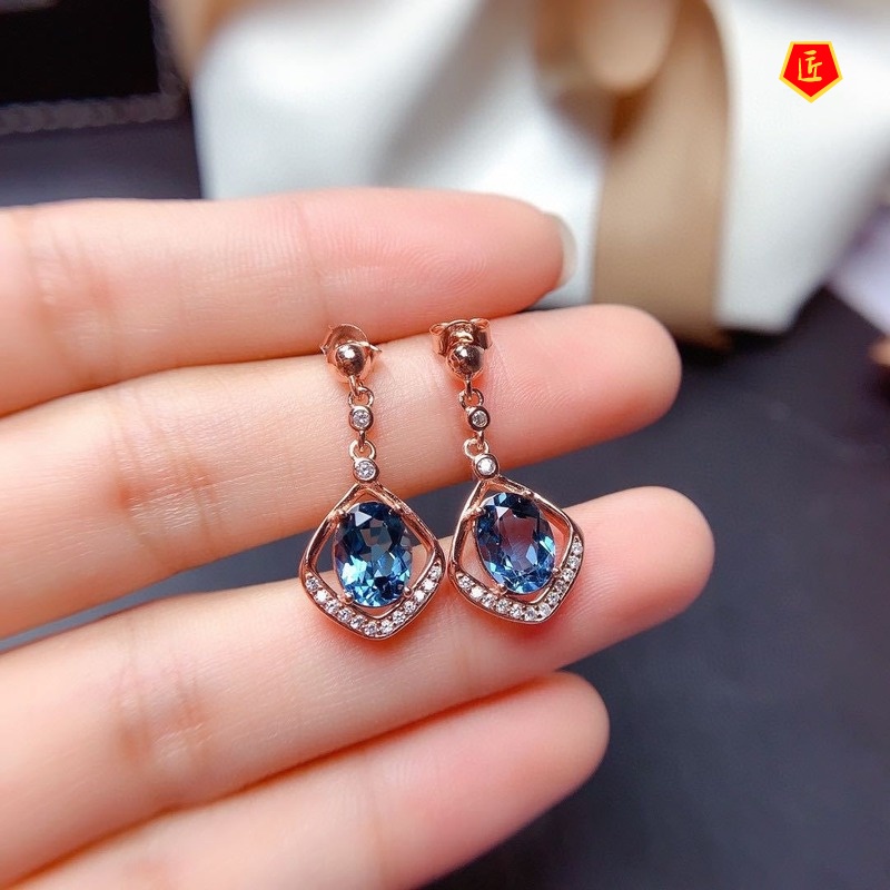 [Ready Stock]Natural Blue Topaz Stud Earrings for Women 14K Rose Gold