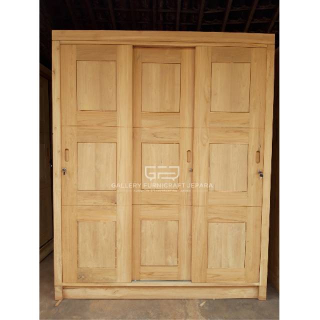 Lemari 3 Pintu Sleding Kayu Jati Grade A Unfinish