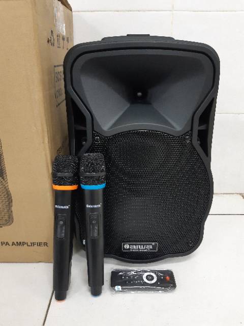 SPEAKER PORTABLE AIWA 10 INCH BONUS 2 MIC WIRELESS PEGANG2 ORIGINAL