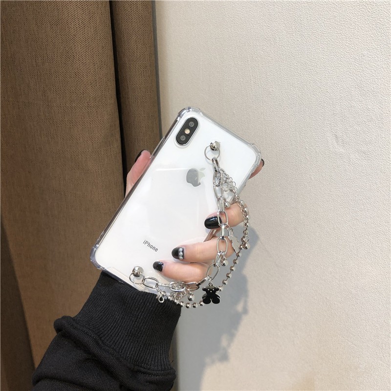 IPHONE Casing Transparan Dengan Rantai Beruang Lucu Untuk Iphone14 13 6/6s7 /8 SE 2020 7P/8Plus X XS XR 11 12 Mini Pro Max Casing HP Lembut Lucu AT0224