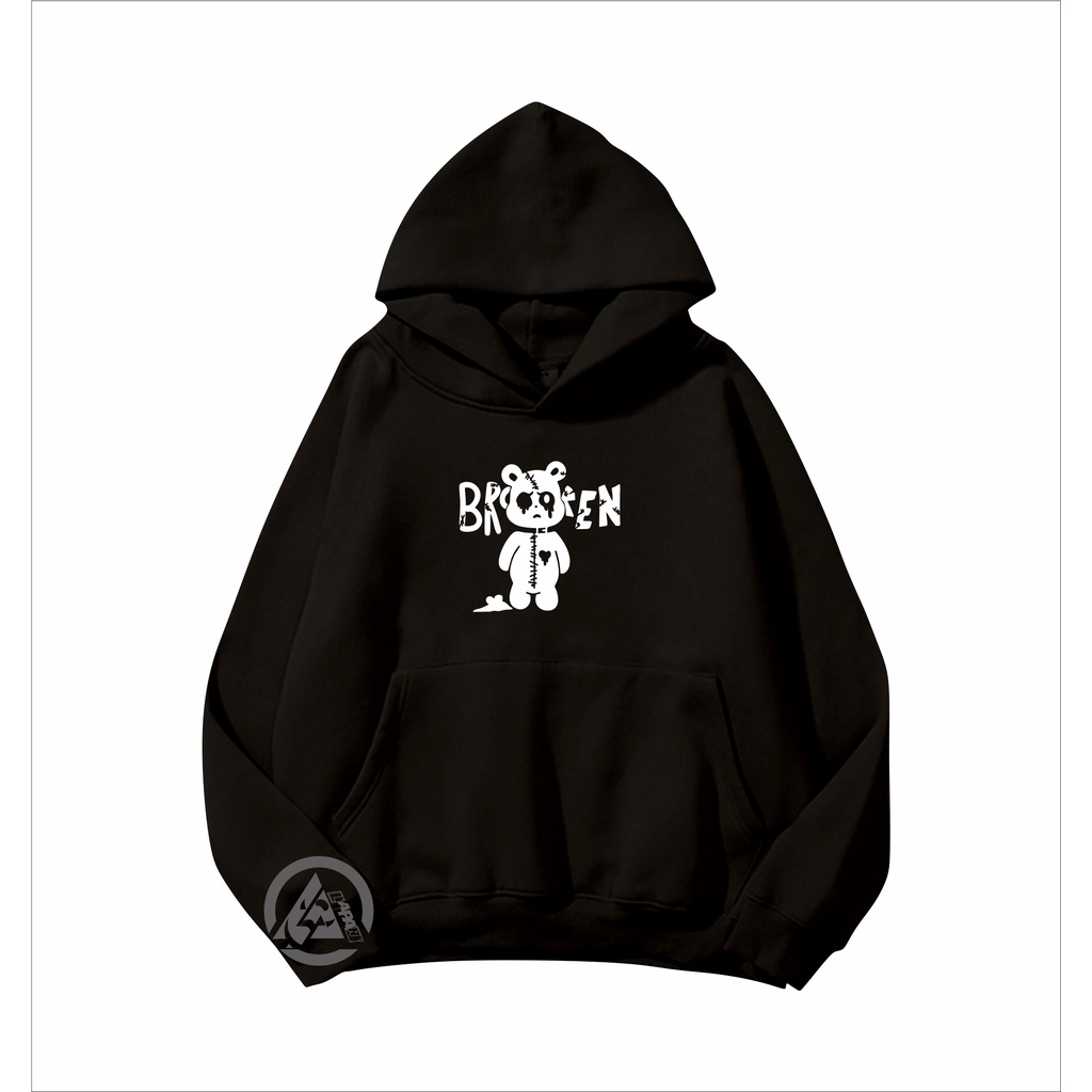 Jaket Sweater Hoodie Pria Distro Original Aesthetic Hitam Motif teddy bear broken Fleece Tebal M-XXL