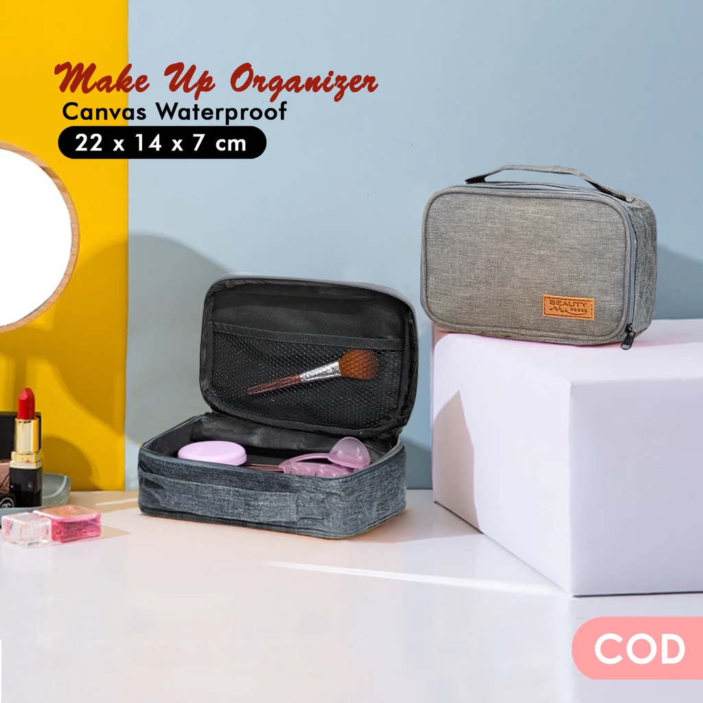 Tas make up toiletry bag travel organizer pouch makeup cewek tempat alat mandi canvas tas kosmetik canvas polos