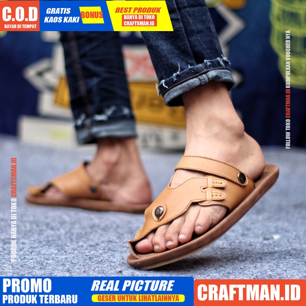 CRAFTS LUCKY SANDAL KULIT PRIA BLACK BROWN SENDAL CASUAL JEPIT PRIA