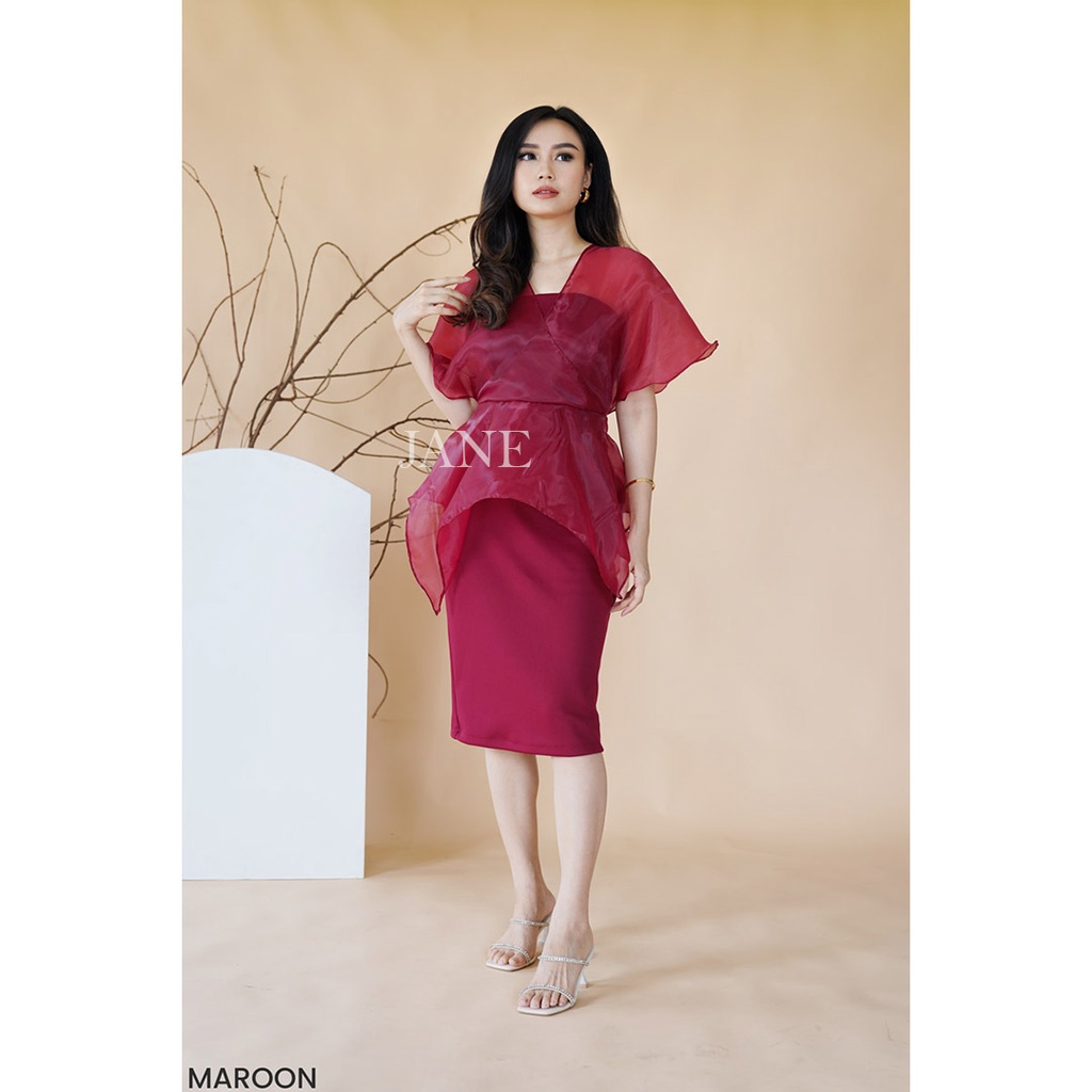 JANE COLLECTION || Gina Elegant Dress Wanita Pencil Skirt Tile Party Dress Midi Selutut Baju Kondangan