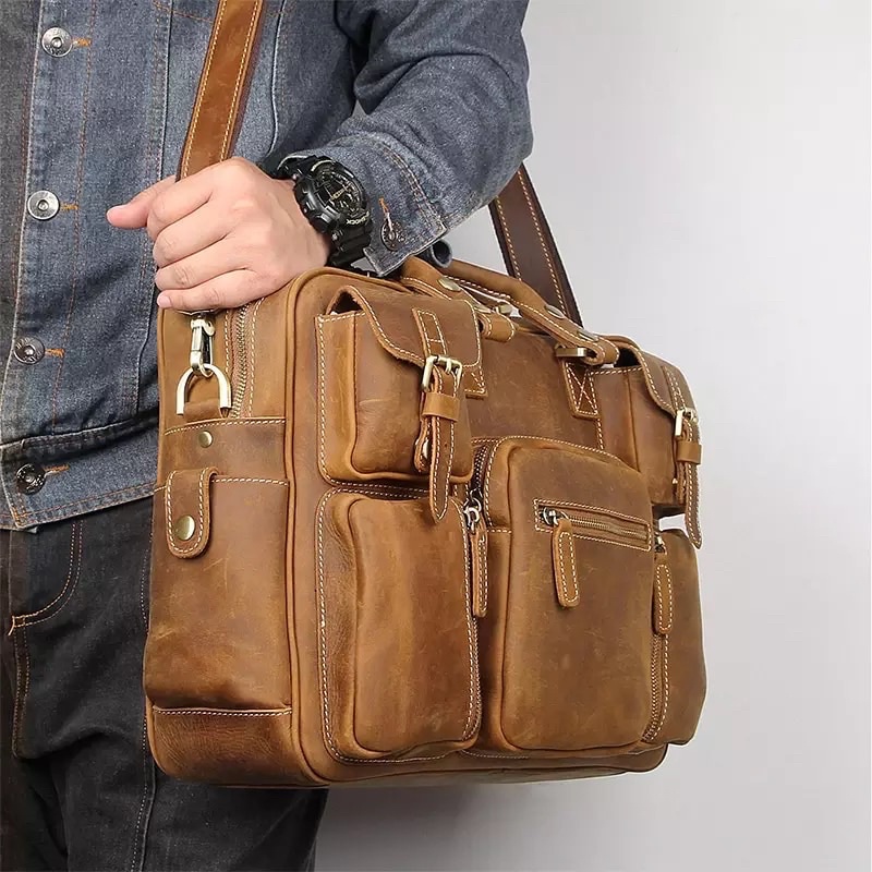 luufann tas kantor kulit crazy horse bergaya vintage pria 15 6  tas bisnis kulit asli tas messenger 