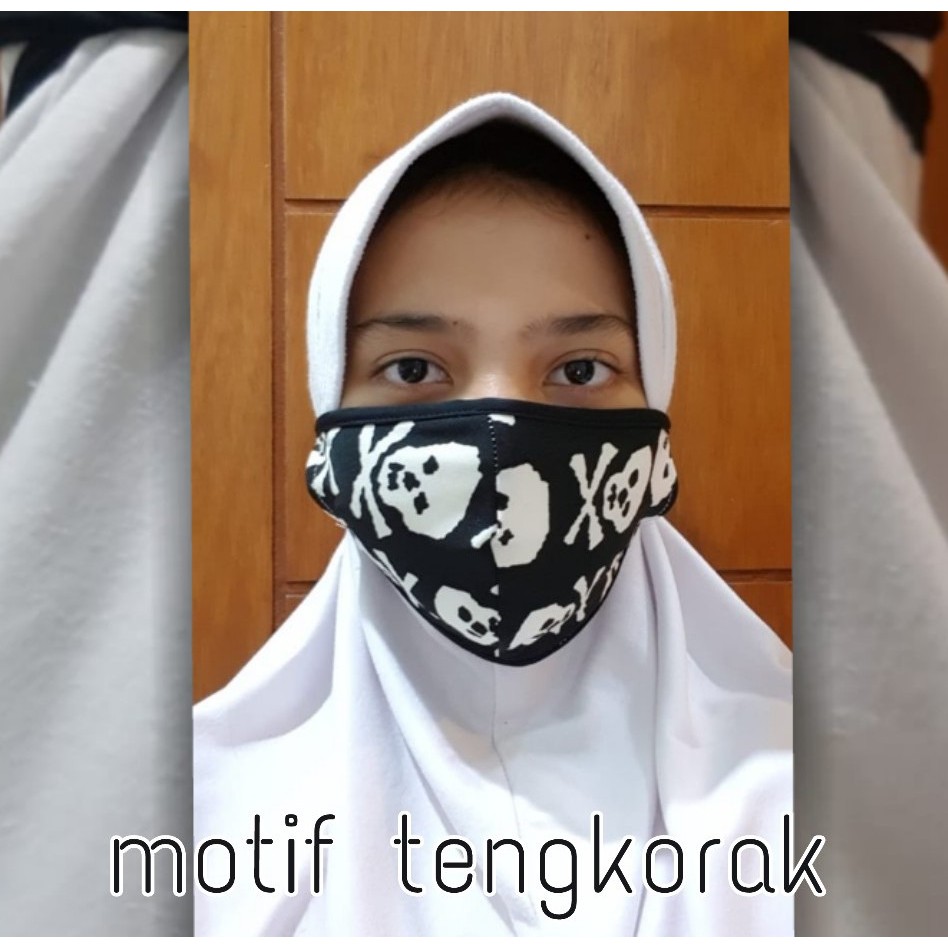 Masker Kain All Size 2 Lapis. Bahan Spandex Polyester. Tali Hijab Panjang ~MOTIF TENGKORAK~