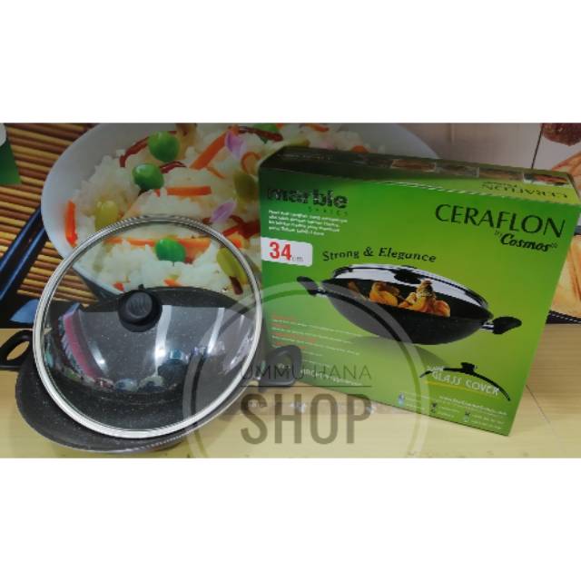 BATAM - COSMOS CW34MBC ceraflon wok marble series 34 cm wajan teflon marble tutup kaca