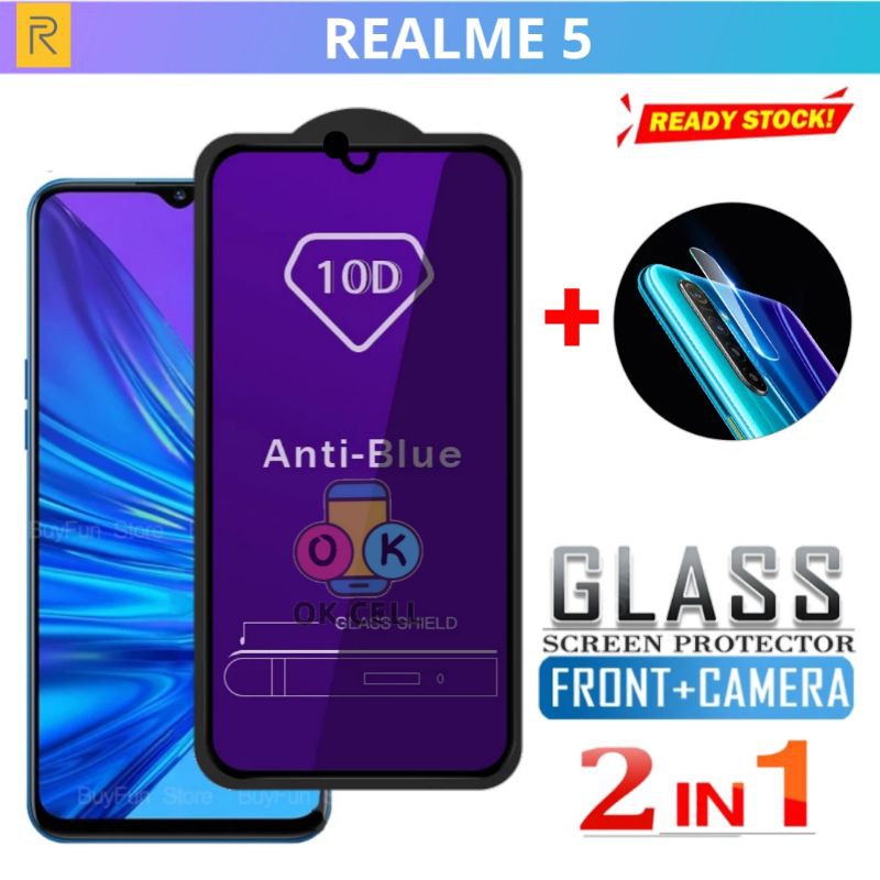 2in1- Tempered Glass Anti Blue Light Realme 5 - Tg Anti Gores Blue Radiasi Realmi 5 Full Layar