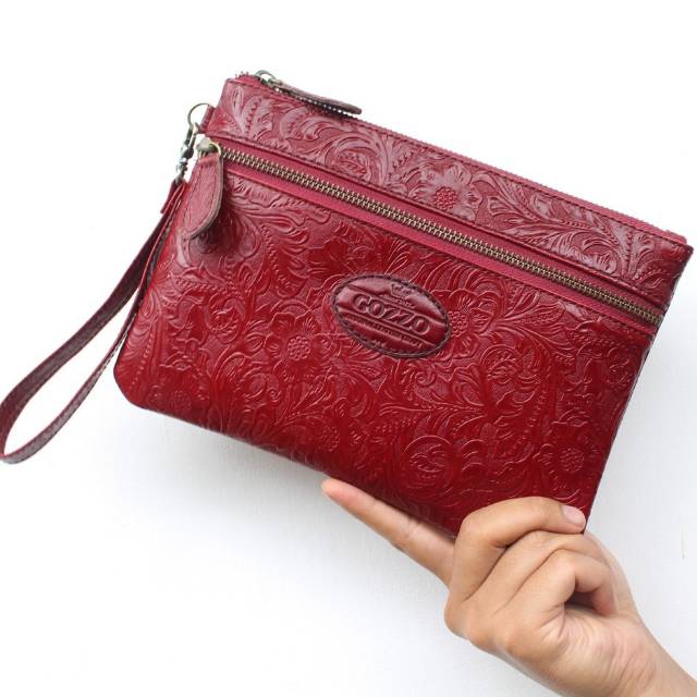 CLUTCH WANITA KULIT SAPI PULL UP ASLI LAILY DOUBLE ZIPPER BATIK MAROON / FREE GRAVIR NAMA