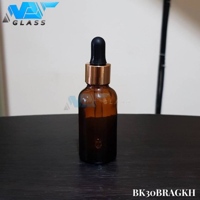 botol kaca pipet 30ml coklat / amber tebal - ring almunium gold