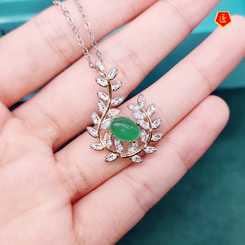 [Ready Stock]Natural Chalcedony Necklace Diamond Olive Leaf Pendant Open Ring